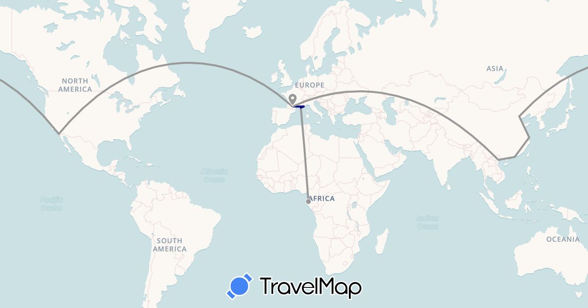 TravelMap itinerary: driving, plane in China, France, Gabon, Hong Kong, United States, Vietnam (Africa, Asia, Europe, North America)